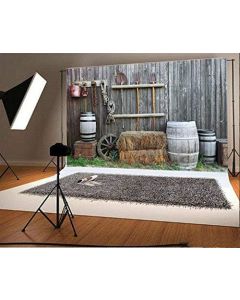 Leyiyi Western Cowboy Backdrop 8x6ft Photography Background Vintage Wood Bucket on Wooden Wall Farm Hay Stock Lantern Wheel Farmyard barn Barrel Countryside Landscape Video Props