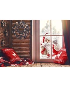 Leyiyi 7x5ft Photography Background Merry Christmas Backdrop Happy New Year Xmas Holiday Santa Claus Knocking Window Elk Reindeer Pillow Vintage Wooden Room Wreath Photo Portrait Vinyl Studio Prop
