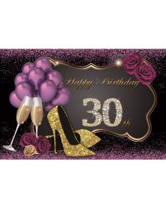 Leyiyi 30th Birthday Party Backdrop 10x6.5ft Customized Photography Backdrop Golden Sparkling Sequins High-Heeled Shoes Champagne Goblet Romantic Purple Rose Balloon Luxurious Background Photo Props