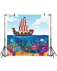 Leyiyi Cartoon Pirate Ship Backdrop 5x5ft Photography Background Sail Boat Octopus Seaweed Blue Sea Water Children Baby Portraits Studio Props Room Decor